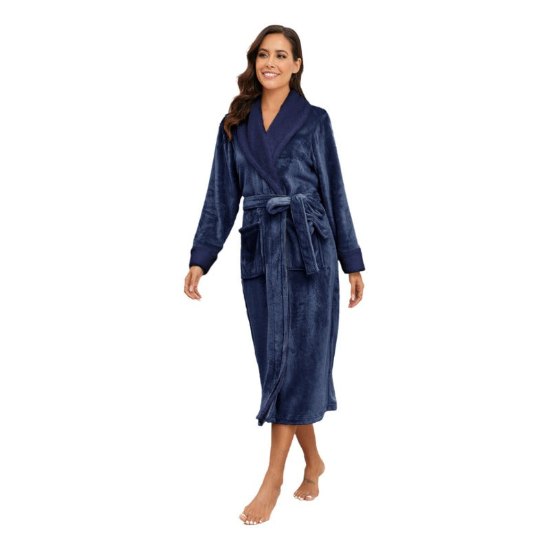 Wholesale Color Women's Lapel Robe Home Clothes Autumn and Winter Warm Bathrobe Extra Long Flannel Couple Pajamas